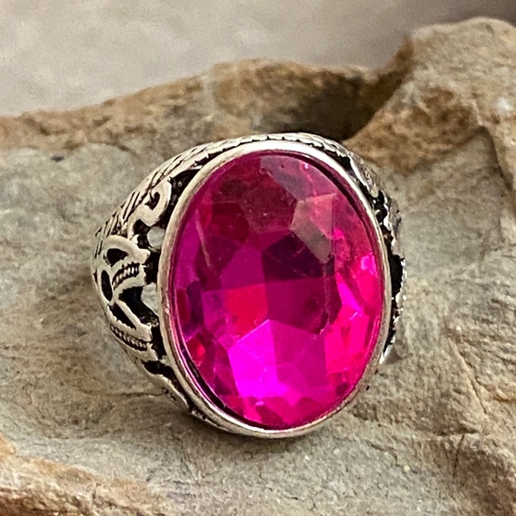 NEW Tibetan Silver Ring Pink Faceted Glass - Picture 1 of 7